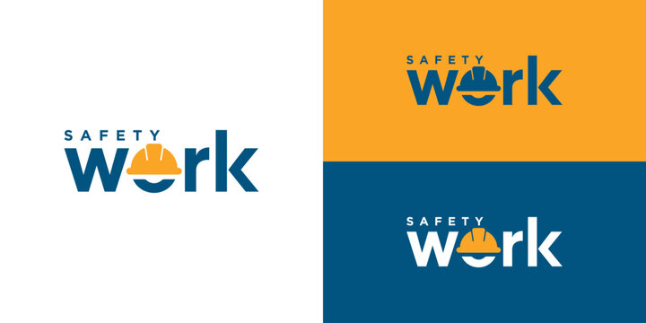 Creative simple safety work logo template. Wordmark work with letter O as hard helmet safety logo design vector illustration.