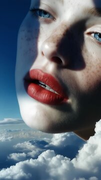 A dramatic composite merges a freckled woman's face with striking blue eyes and red lips into a vast aerial cloudscape, dissolving her features into billowing white clouds and open sky.