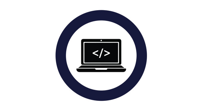 Flat design icon of a laptop with coding symbols on the screen encircled in dark blue on a white background.
