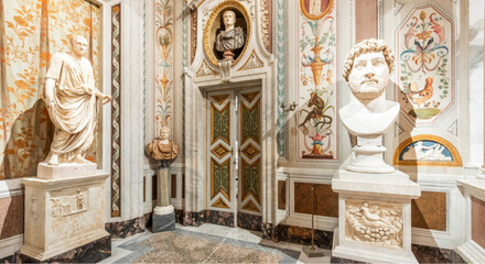 Classical statues in ornate museum gallery with intricate wall designs © ABRAR