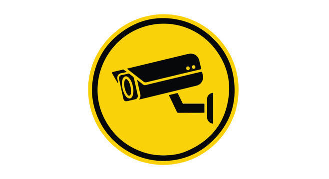A yellow circular icon with a black outline and a security camera graphic inside.