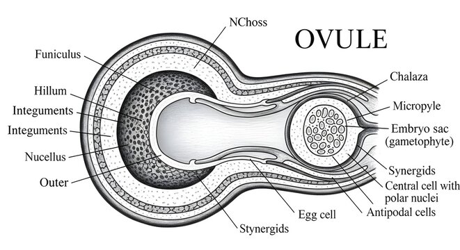 Detailed longitudinal diagram of an ovule showing funiculus, hilum, integuments, nucellus, embryo sac with egg cell, synergids, central cell with polar nuclei, antipodal cells, chalaza and micropyle, 