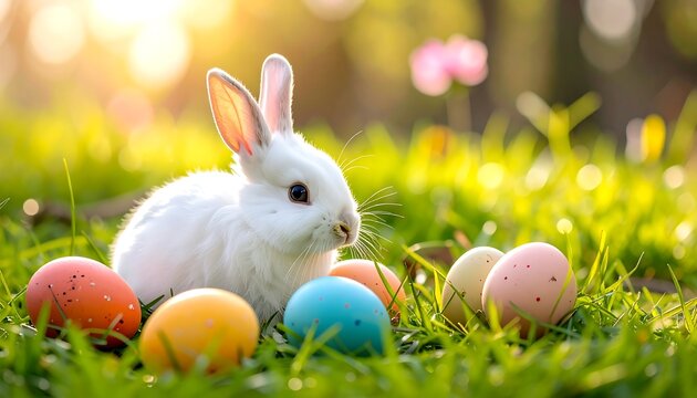 White bunny rests amidst colored Easter eggs on lush, green grass under soft, golden sunlight
