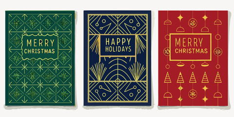 Three festive holiday cards with geometric designs and seasonal greetings © Ranajit
