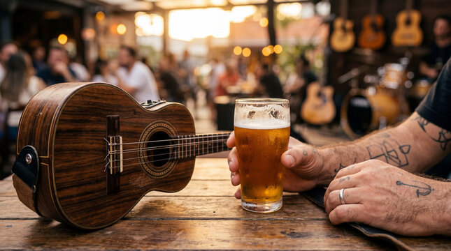 Musician holding cold beer glass next to traditional cavaquinho guitar