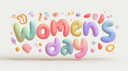 Fototapeta premium Vibrant Women's Day celebration with colorful floating shapes and letters