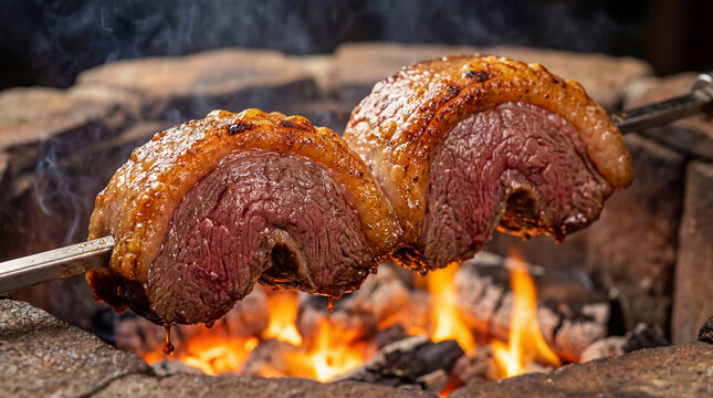 Sizzling Picanha Beef Skewer Grilling Over Hot Glowing Charcoal Embers