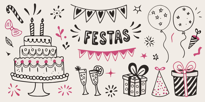 Colorful hand drawn illustration of festive party elements and decorations