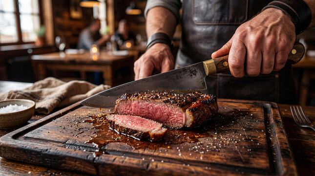 Professional gaucho knife slicing juicy grilled medium-rare beef steak