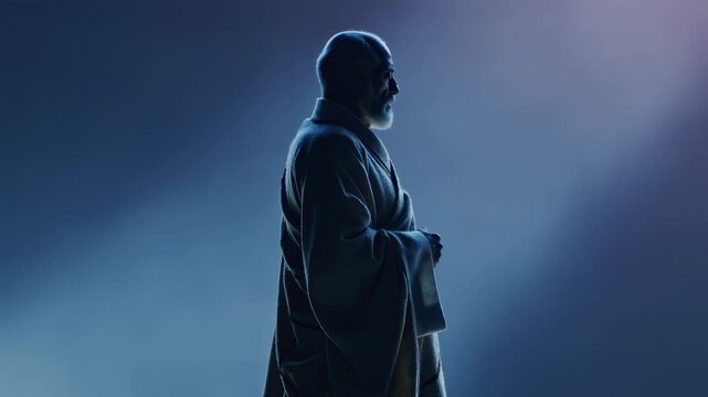 Silhouette of businessman in coat with dramatic blue lighting for corporate background video
