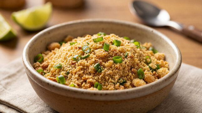 Traditional Brazilian Farofa Dish with Toasted Flour and Scallions