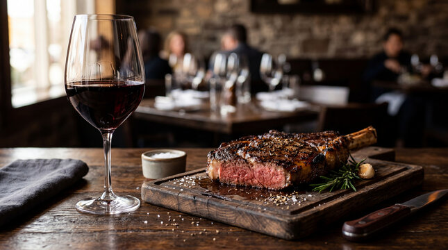 Red Malbec Wine Glass with Charred Ribeye Steak