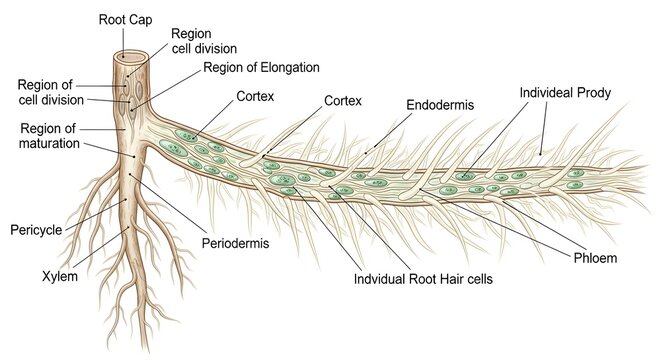 Longitudinal diagram of a young plant root tip showing root cap, regions of cell division, elongation and maturation, cortex, endodermis, pericycle, xylem, phloem and numerous root hairs for studying 