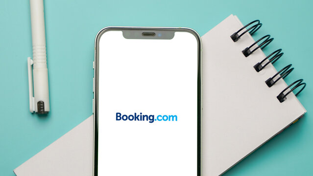 Booking.com logo displayed on a smartphone screen &ndash; Delhi, India &ndash; June 04, 2025