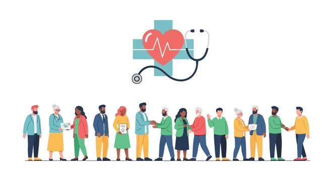 Diverse Community Healthcare: Group of Patients and Professionals with Medical Cross, Heart, and Stethoscope Icon, Representing Patient Care, Access, and Public Health Services