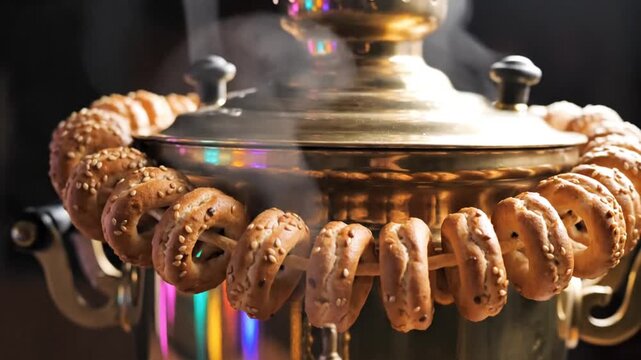 Traditional brass samovar with sesame ring bread for tea