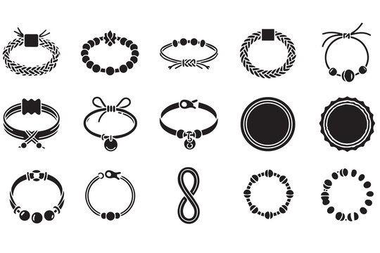 Black Jewelry Icons Set: Bracelets, Bangles, and Wristbands Vector Collection