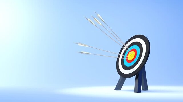 Red arrow hitting the center of a target, concept of success and achievement. Concept for business success, goals, accuracy, and leadership.  