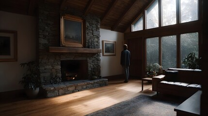 Obraz premium A lone figure stands in a cozy rustic living room with a stone fireplace and large