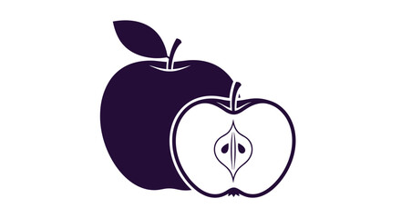 Obraz premium Dark purple silhouette showing a whole apple alongside a cross-section half with seeds for healthy food concept designs.