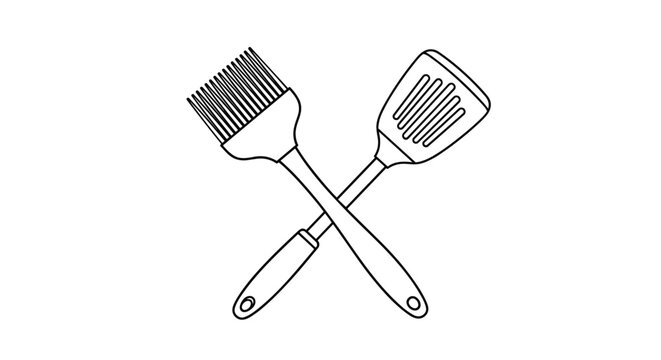 Simple line drawing of a kitchen pastry brush and a spatula crossed over each other for culinary and baking themed graphics.