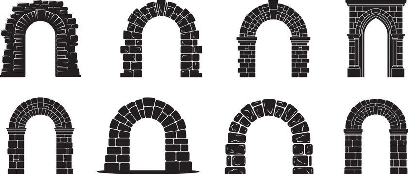 Arched stone entry designs silhouette collection, various styles, on white background.