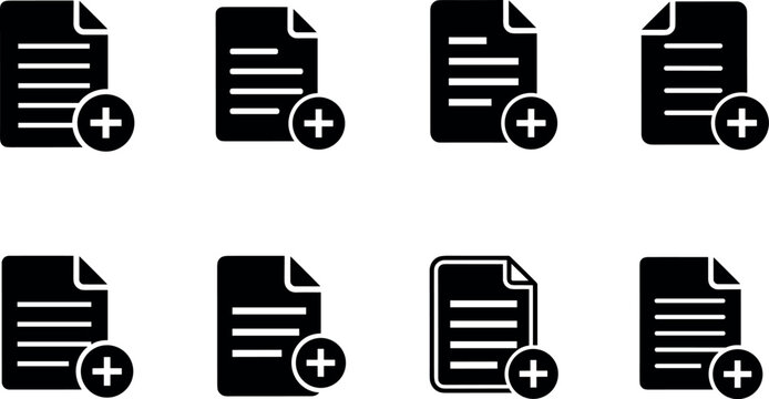 Add document file icon set with plus symbol, new file creation and upload concept collection for office, data management, and digital document design
