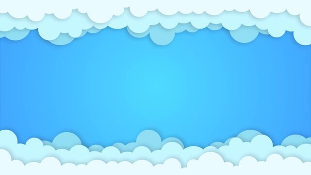 Blue sky clouds 2D vector paper cut animated loop background in pastel blue and white with center copy space