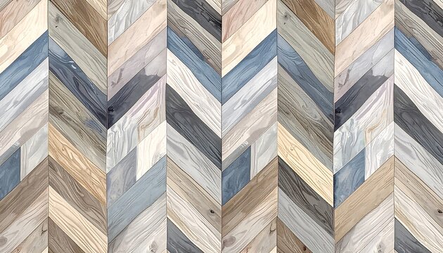 Wooden chevron parquet with blue, tan, and grey planks forming a seamless diagonal pattern