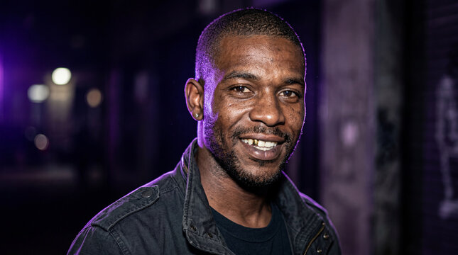 Man With Buzz Cut and Gold Tooth Violet Rim Lighting