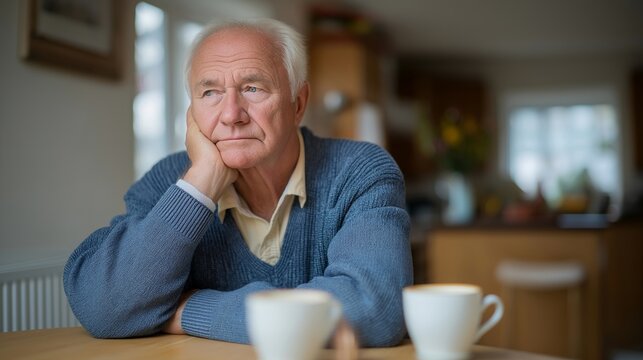 Elderly man sitting alone at a kitchen table with two coffee cups realizing his late partner is no longer there, perfect for senior grief concept, widower emotion, aging loss, elder loneliness,
