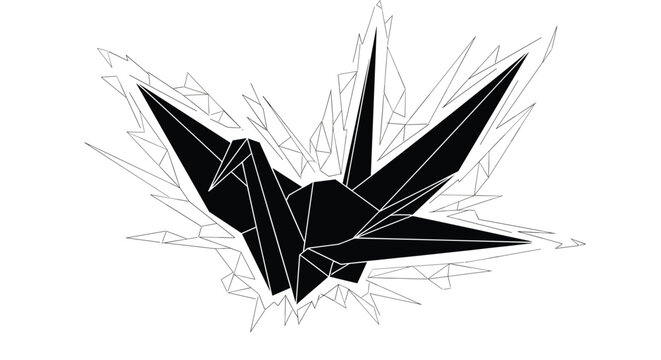Abstract geometric design featuring a black origami crane surrounded by sharp triangular shards and lines on a white field.