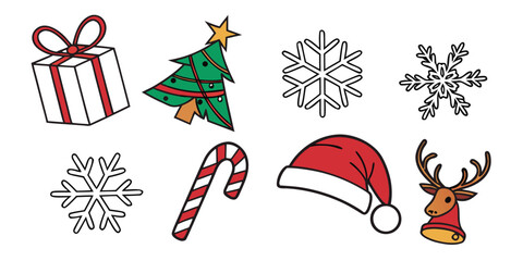 Set of cute christmas doodle icons including gift box, christmas tree, snowflakes, candy cane, santa hat, and reindeer head © Mamun