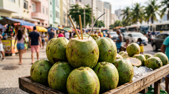 Fresh Tropical Green Coconuts with Straws on Sunny Rio Street
