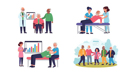 Fototapeta premium Elderly Care & Senior Health Services. Illustrations of doctors, nurses, and caregivers assisting seniors in consultations, physical therapy, and community activities.