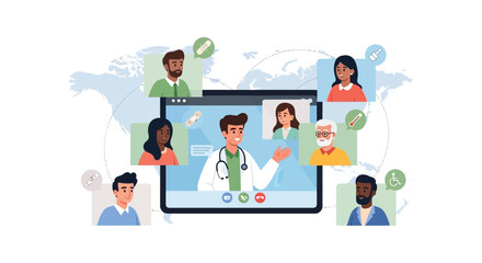 Fototapeta premium Online Medical Consultation: Doctor and Diverse Patients on Video Call, Global Telemedicine Healthcare