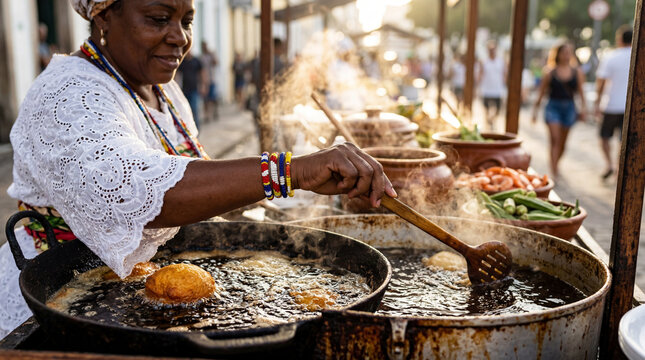 Traditional Baiana de Acaraj&eacute; Frying Dough in Golden Morning Light