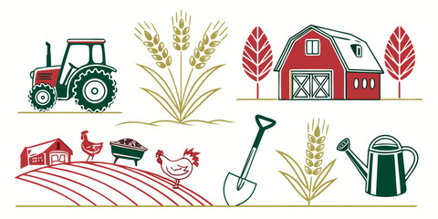 Set of farm icons with tractor wheat barn chicken shovel and watering can © Mamun