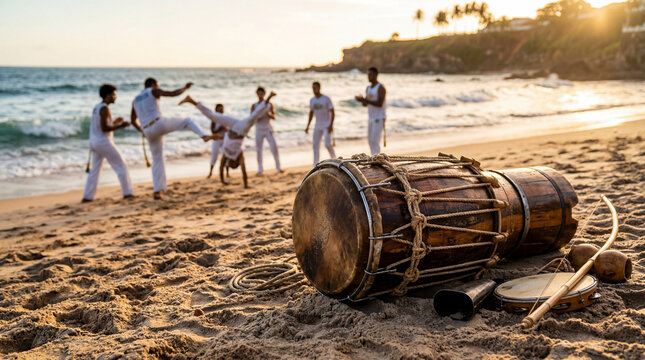 Traditional Brazilian Atabaque Drum on Sandy Beach at Golden Hour
