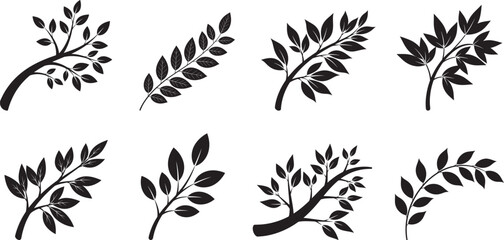 Fototapeta premium Plant stem with several leaves black silhouette collection, leaf branch silhouette stock vector branch and leaves on white background.