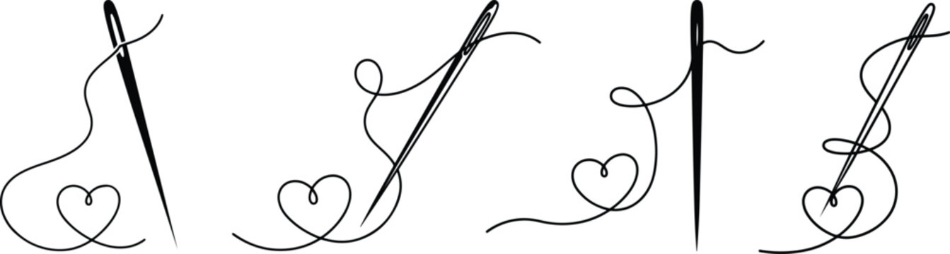 Needle and thread in heart line art illustration collection, thick black line themes of craftsmanship Embroidery, craft tool for shop, love, or creation for use as a logo or icon on white background.