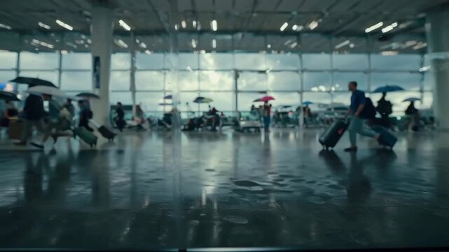 airport terminal rainy day, travelers umbrellas behind rain-streaked glass, reflections wet floors, luggage rolling, cinematic moody lighting, HDR, slow-motion blur, volumetric light shafts, dynamic