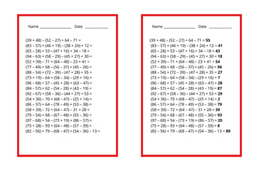 Fototapeta premium complex problems with brackets, a math worksheet for calculation and addition, and a worksheet with answers. second and third grade school curriculum, numbers from 1 to 100