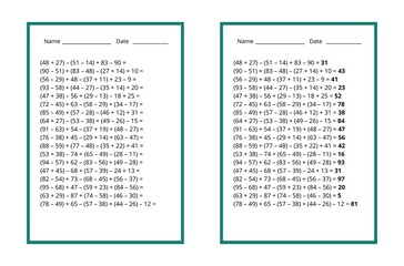 Fototapeta premium complex problems with brackets, a math worksheet for calculation and addition, and a worksheet with answers. second and third grade school curriculum, numbers from 1 to 100
