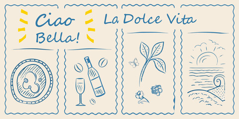 Italian themed illustration with pasta wine and scenic elements © Ramanath