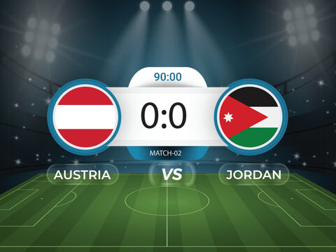 Austria vs Jordan 2026 world cup match with scoreboard and broadcast schedule template design