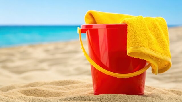 A red bucket with a yellow towel sits on sandy beach with clear blue sea and sky in the background.