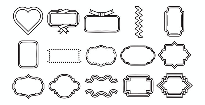 Assortment of black outline frames and border elements, including various shapes and decorative styles for labels, badges, or text boxes
