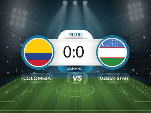 Colombia vs Uzbekistan 2026 world cup match with scoreboard and broadcast schedule template design
