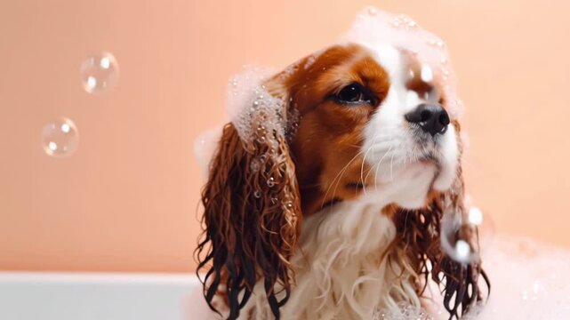Funny Cavalier King Charles Spaniel with soap foam on its head taking a bubble bath. Pet grooming and care in a cozy, relaxed setting